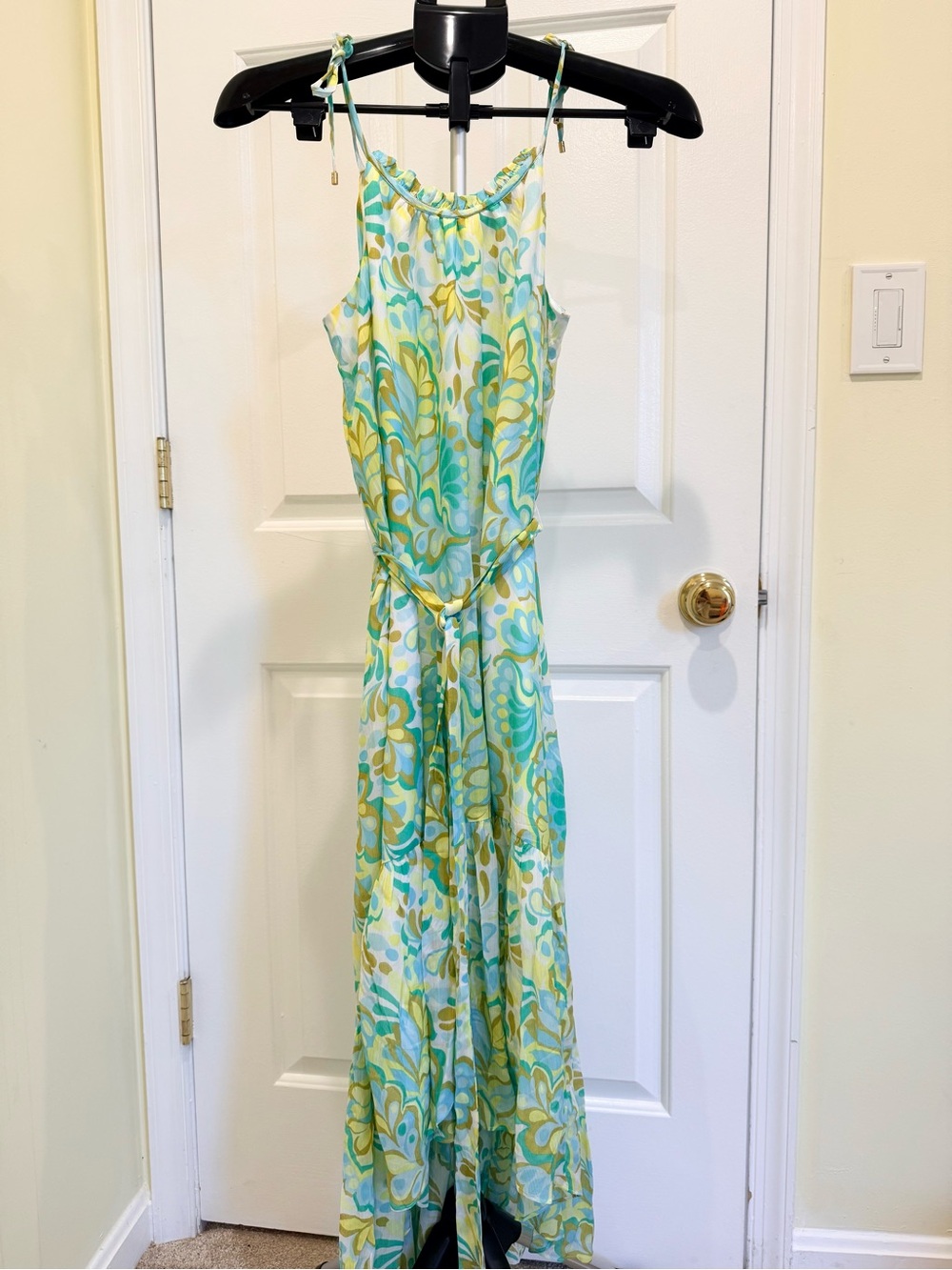 Trina Turk Turquoise and Yellow Floral Tie-Shoulder Maxi Dress
